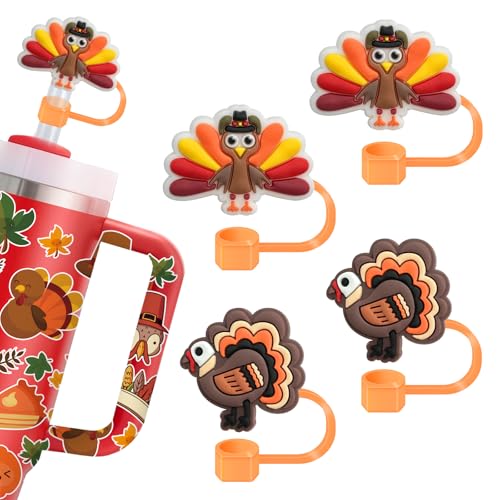 Thanksgiving Turkey Straw Covers - 4 Pack Silicone Caps for Stanley 30 & 40 Oz