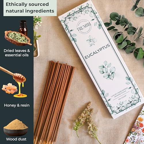 TRUMIRI Eucalyptus Incense Sticks - 100 Pack Natural Handcrafted Agarbatty
