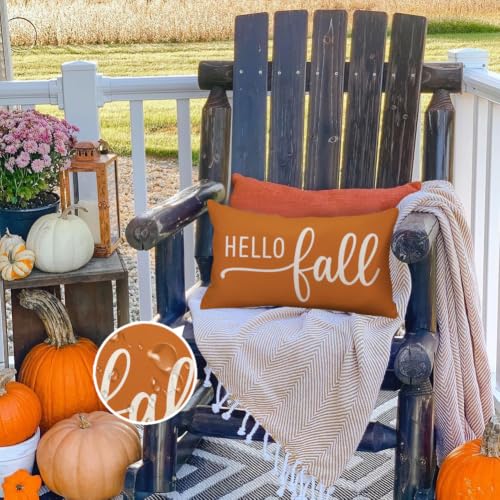 Hello Fall Rust Pillow Cover 12x20 - Waterproof Autumn Decor