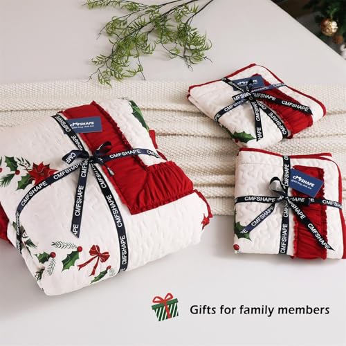 King Size Poinsettia Floral Bedspread Set with 2 Pillow Shams - Reversible Christmas Bedding