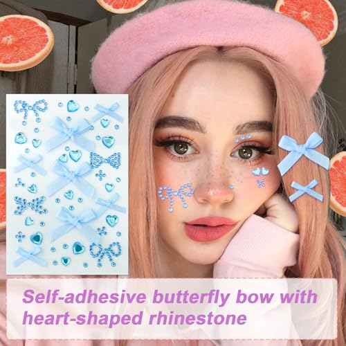SmallCat Blue Self-Adhesive Face Gems & Bow Rhinestone Stickers for Hair