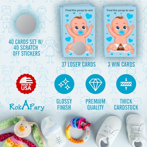 RokAPary Blue Poopie Baby Shower Scratch Off Game - Set of 40