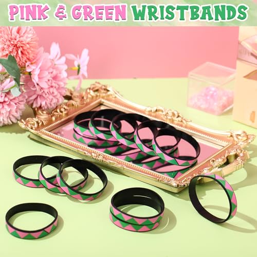Wettarn 24 Pcs Pink & Green Silicone Friendship Bracelets for Sorority