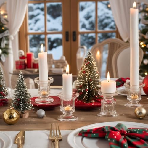 Set of 6 Clear Glass Candlestick Holders for Taper Candles