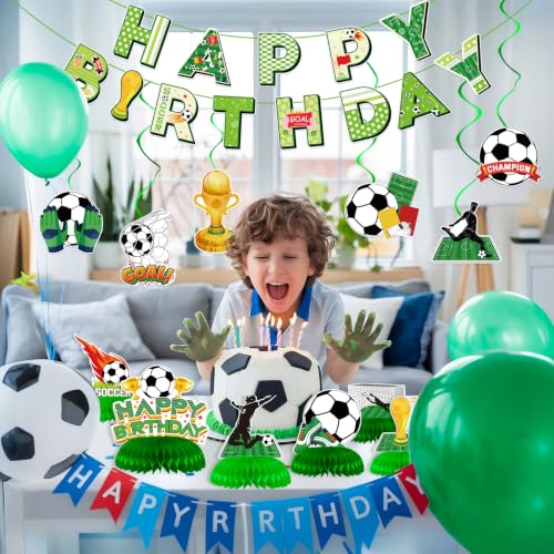 Soccer Birthday Party Decorations Set - Banner, Swirls & Centerpieces