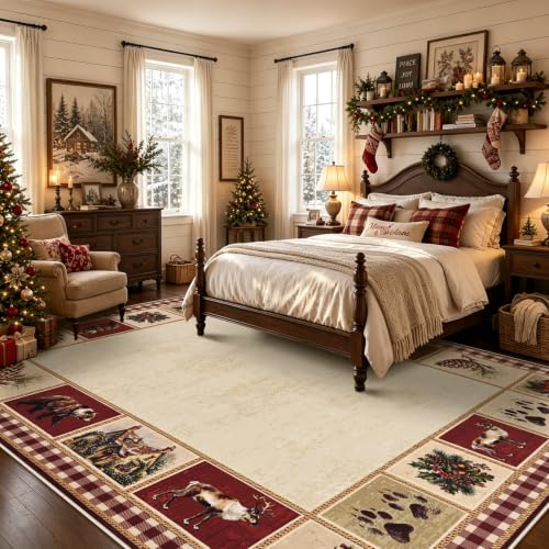 Red Christmas Rug 8x10 Area Rug for Living Room Cabin Decor - Holiday Seasonal