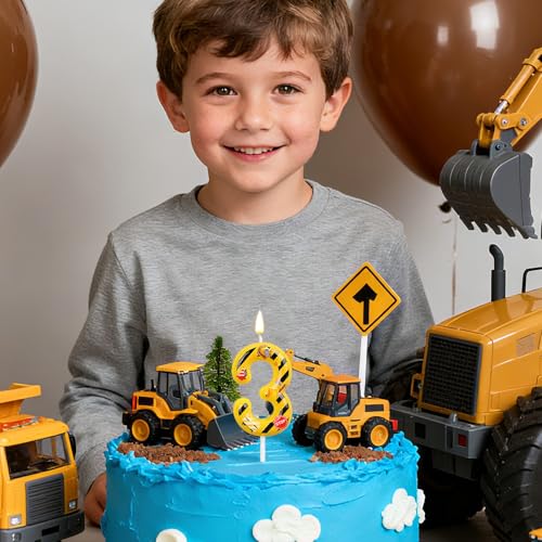 Penitue Construction Number 3 Birthday Candle, Yellow and Black Striped Cake Topper