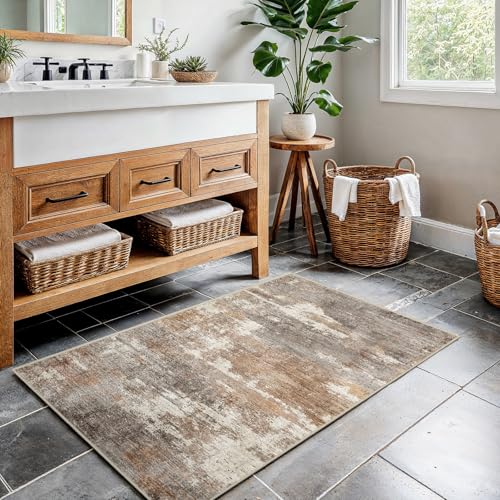 Ksrau 2x3 Washable Area Rug, Abstract Non-Slip Throw Rug - Brown/Brick