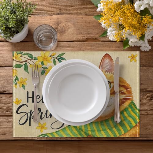 HOMETITUTE Spring Floral Cat Placemats Set of 4 12x18 Linen