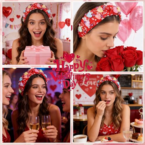 Valentines Knotted Headband for Women Pearl Rhinestone Red Hair Band