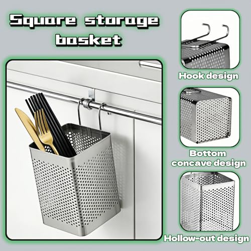 Stainless Steel Utensil Holder with Hooks - Compact Organizer