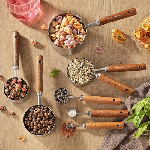 8-Piece Stainless Steel Measuring Cups and Spoons Set with Wood Handles