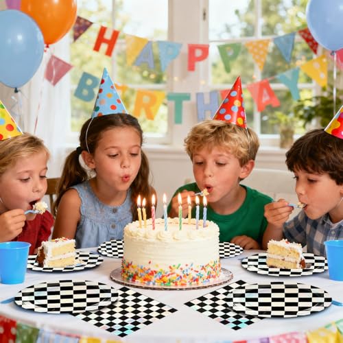 Checkered Race Car Party Plates and Napkins Set - 50 Piece Disposable Kit
