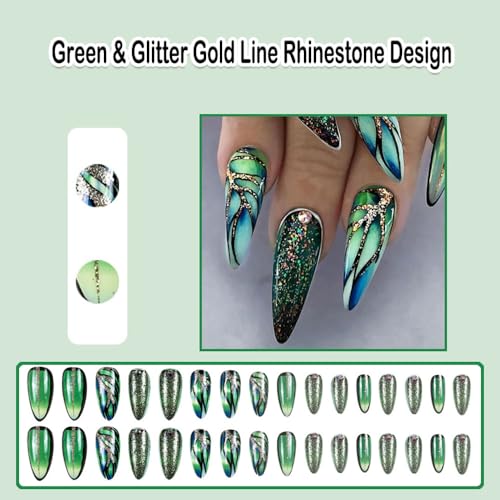 ANDGING Green Almond Press on Nails with Glitter Gold Lines and Rhinestones, 24 Pcs