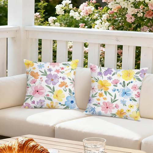 Bonhause Floral Throw Pillow Covers 18x18 Inch, Set of 2 Watercolor Cushion