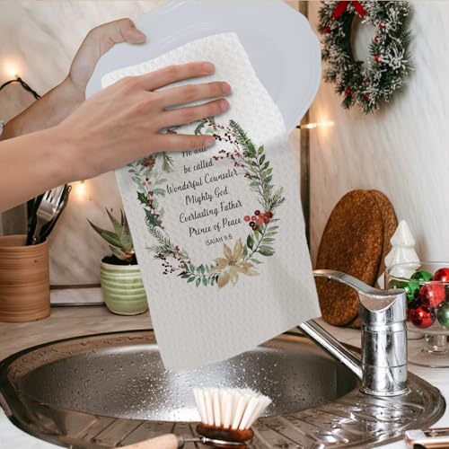 Christmas Christian Kitchen Towels - Holly Wreath Winter Dish Tea Hand Towel - Isaiah 9:6 Religious Decor - Casual Variation
