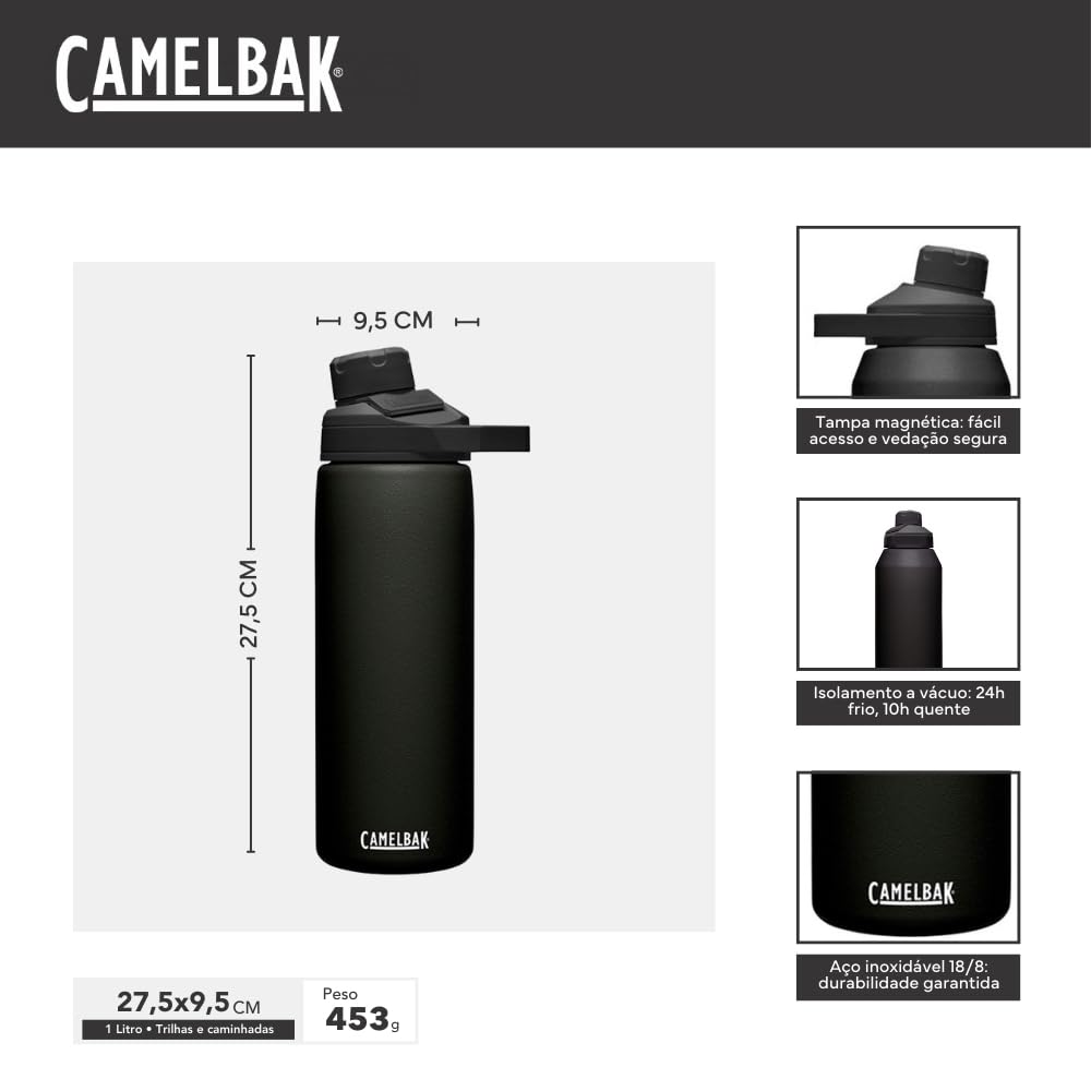 CamelBak Chute Mag Vacuum Insulated Stainless Steel Water Bottle, Magnetic Leak‑Resistant Cap for Everyday Hydration, 32oz, Black
