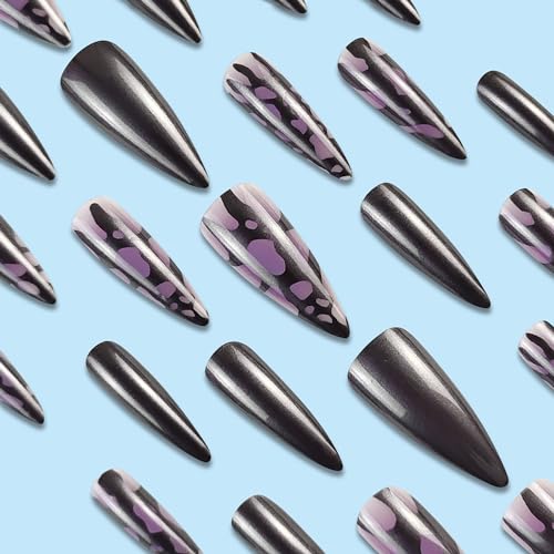 Purple Long Almond Press on Nails with Metallic Silver Line Designs Glossy Acrylic False Nails 24Pcs
