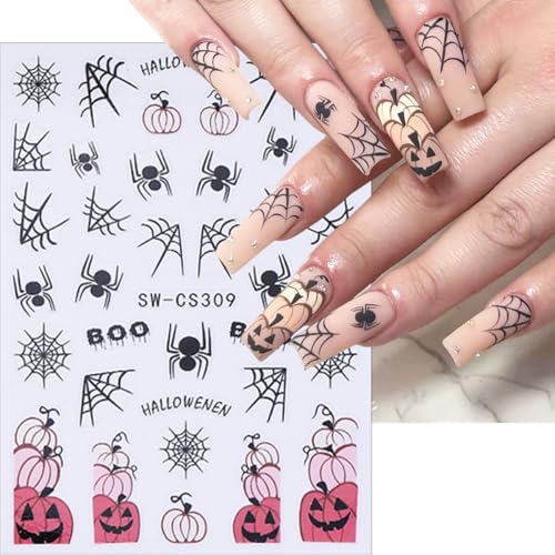 KTAABTR 8 Sheets Halloween Nail Stickers 3D Spiders Skulls & Pumpkins Decals