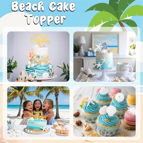 17PCS White Gold Seashell Cake Toppers for Beach Theme Party