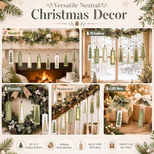 Neutral Rustic Wooden Christmas Tree Ornaments Set - Green Variation, 16 Pcs