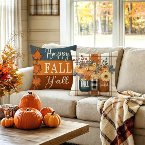 Fall Throw Pillow Covers 18x18, Set of 4 Autumn Pumpkin Harvest Cushion Cases