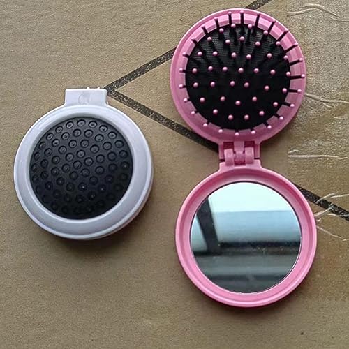 White Folding Hair Brush with Mirror - Portable Mini Travel Hairbrush