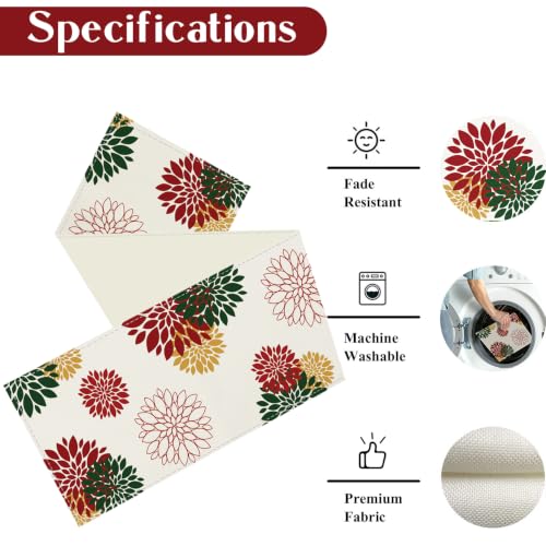 Red Green Christmas Table Runner with Dahlia Floral Burlap - 13 x 36 Inch