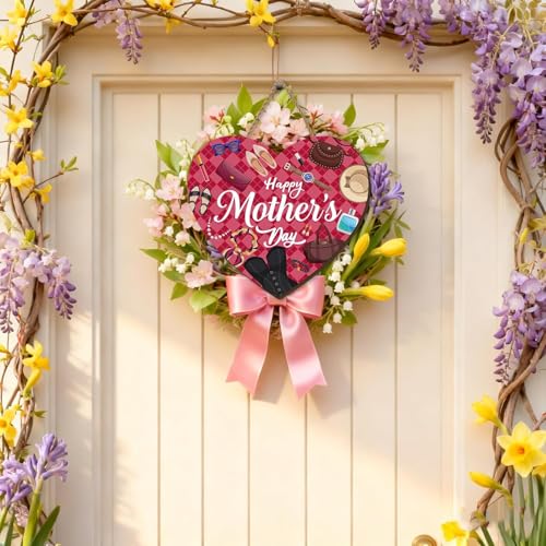 Mother's Day Wooden Welcome Sign, Pink Floral Butterfly Front Door Wreath