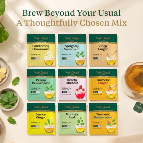 VAHDAM Assorted Herbal Tea Sampler - 18 Tea Bags, 9 Flavors, Caffeine-Free, Individually Wrapped, Pack of 1