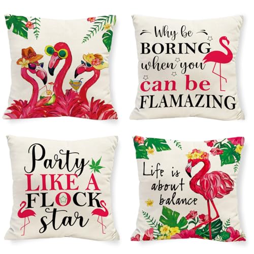 Summer Flamingo Throw Pillow Covers - Set of 4, 18x18 Inch