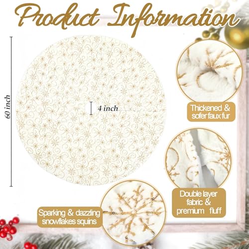 Faux Fur Christmas Tree Skirt 60 Inch White with Gold Snowflakes