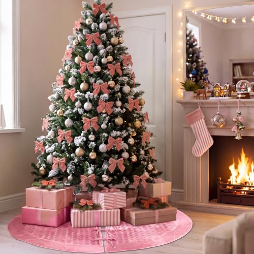 Pink Velvet Christmas Tree Skirt 48 Inch Quilted Holiday Decor
