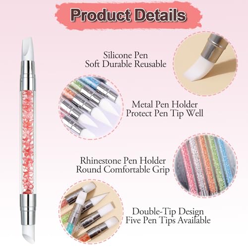 AIBEE 5Pcs Dual-Tipped Silicone Nail Sculpting Tool Set with Acrylic Rhinestone Handles for Nail Art Design