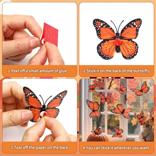 60Pcs 3D Monarch Butterfly Wall Decals - Magnetic Orange Butterfly Decor