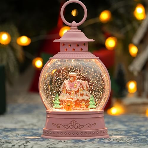 Pink Lantern Musical Snow Globe with Gingerbread House & Man - Christmas Decor - Ty- Gingerbread House