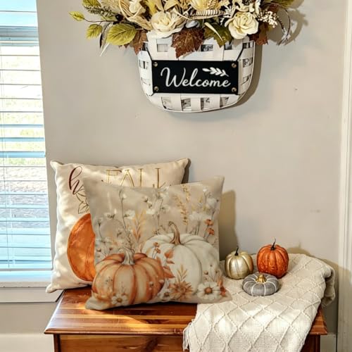 Fall Pumpkin Throw Pillow Covers 18x18, Waterproof Brown Set of 2