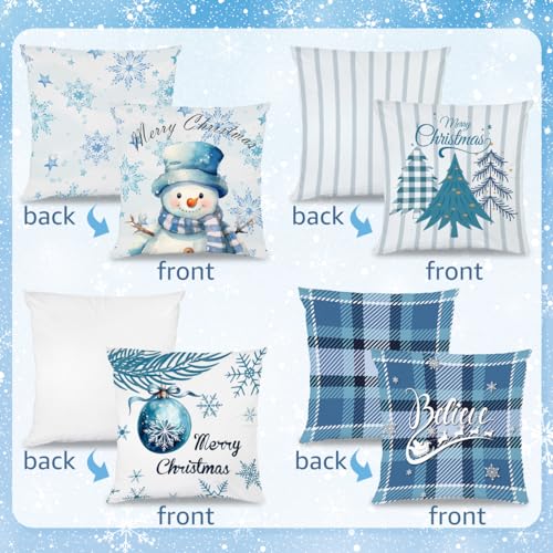 Blue Christmas Pillow Covers Set of 4 - Snowman & Tree Designs