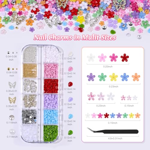 3D Flower Nail Charms Set with Tweezers, Acrylic Blossom Petals & Pearls