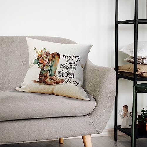 Western Cowboy Boot Throw Pillow Cover - 18x18 Inch Beige2 Floral Cushion