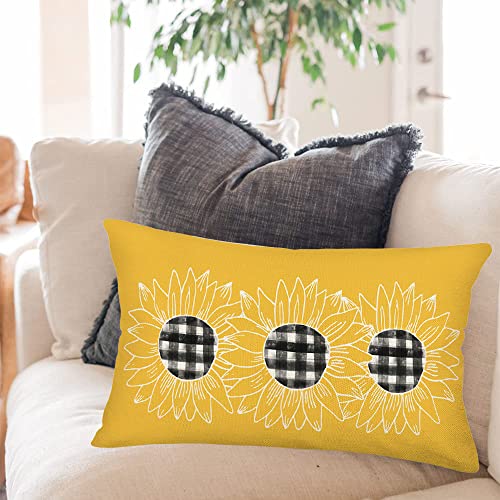Yellow Sunflower Pillow Cover 12x20 Inch - Cotton Linen Cushion Case