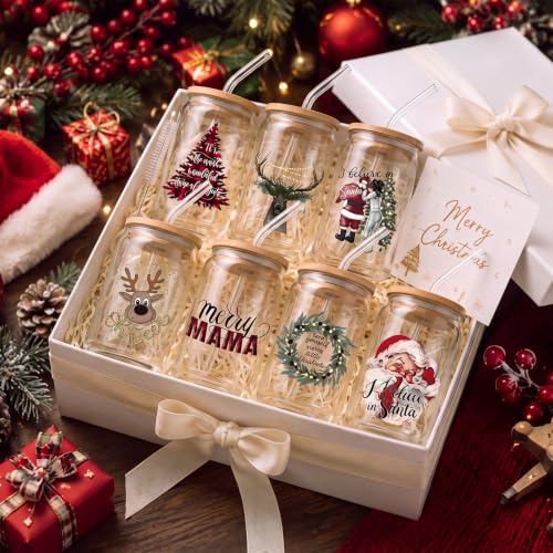 Christmas Glass Tumblers with Lids & Straws - Buffalo Plaid Truck Variation, 16 oz