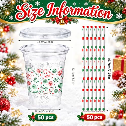 Christmas Candy Cane Disposable Plastic Cups Set with Lids & Straws - Red Green Variation