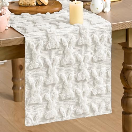 White Faux Fur Bunny Rabbit Easter Table Runner 13x36 Inch - Seasonal Home Decor