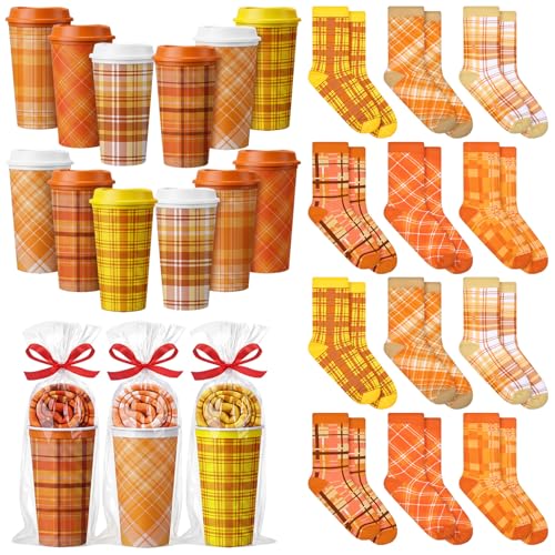 Fall Gift Set with Socks and Coffee Cups - 12 Pairs & 12 Reusable Mugs - Fall Variation