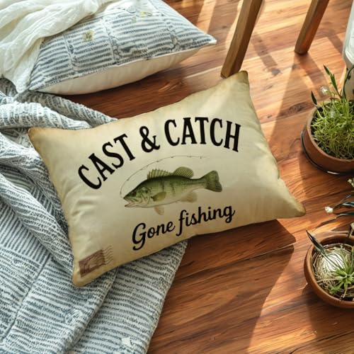 Fishing Themed Lumbar Pillow Cover, 12x20 Inch Bass Throw Case, Grayish Green
