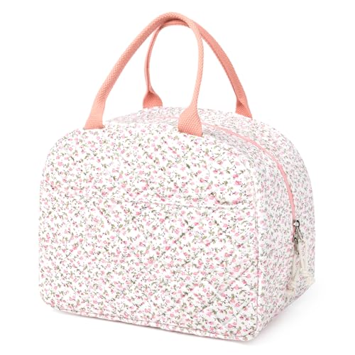 Aileam Quilted Insulated Lunch Bag - Floral Cotton Tote for Work & Travel