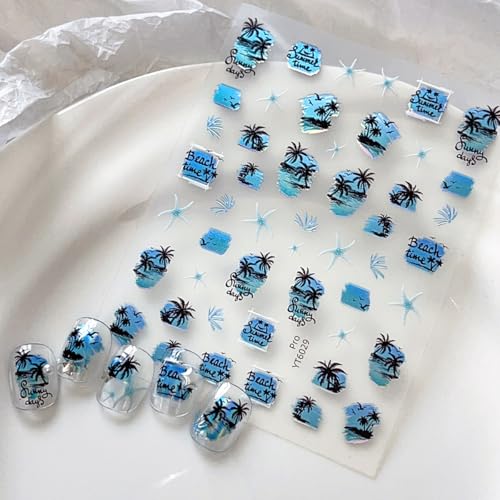 5D Embossed Summer Beach Nail Art Stickers - Palm Tree & Seashell Decals