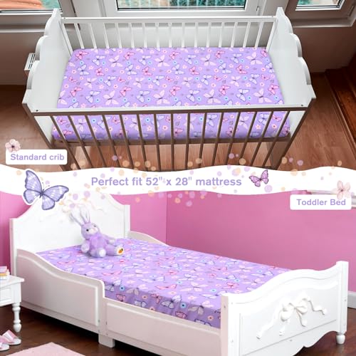JISEN Purple Butterfly Fitted Crib Sheet - Soft & Washable 52x28 Inch