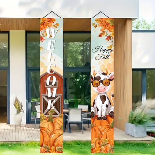 BlissYard Thanksgiving Porch Banner 12x71 Inch Cow Pumpkin Fall Decor